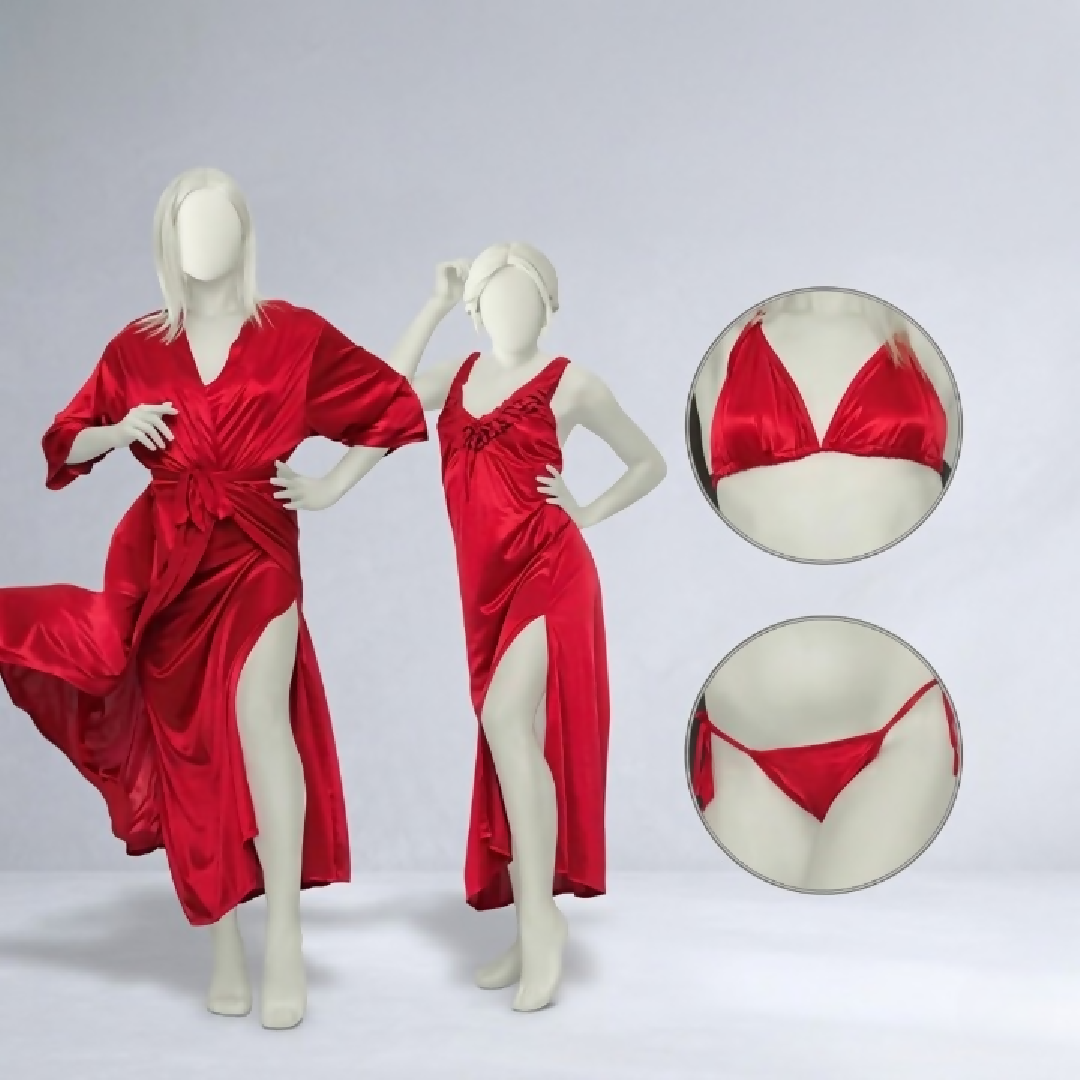 Burgundy Silk Satin 4-Piece Lingerie Nightwear Set for Women Luxury Soft Satin Sleepwear Free Size