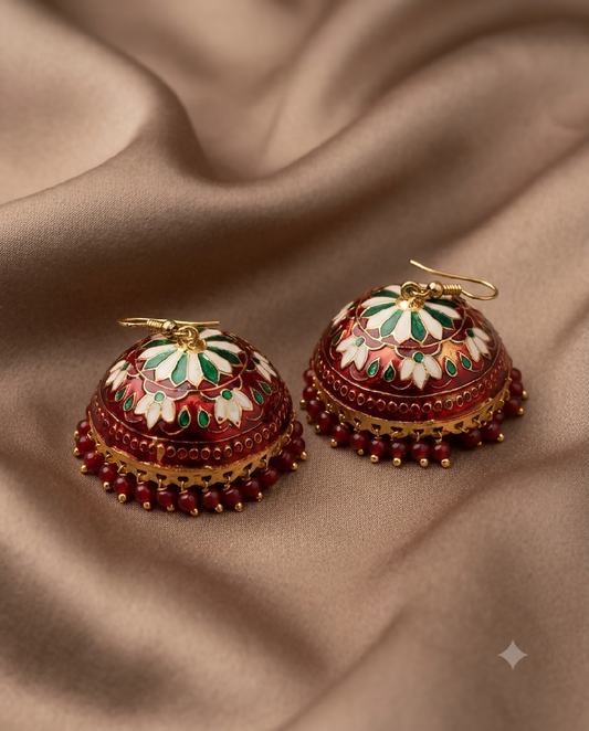 Crimson and Ivory Floral Meenakari Jhumkas