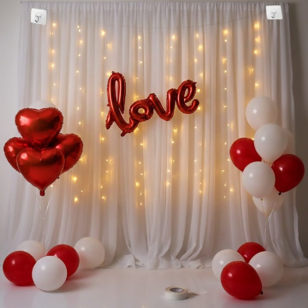 32 Pcs Romantic Tent Decoration Set With Red White Balloons Foil Heart LED Lights White Curtain Backdrop For Bedroom