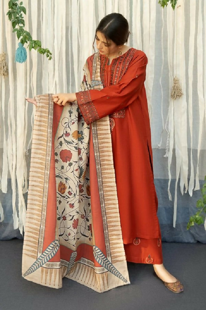 3PC Dhanak Embroidered Shirt - Couture Wool Print Shawl and Trouser - TANA-2292