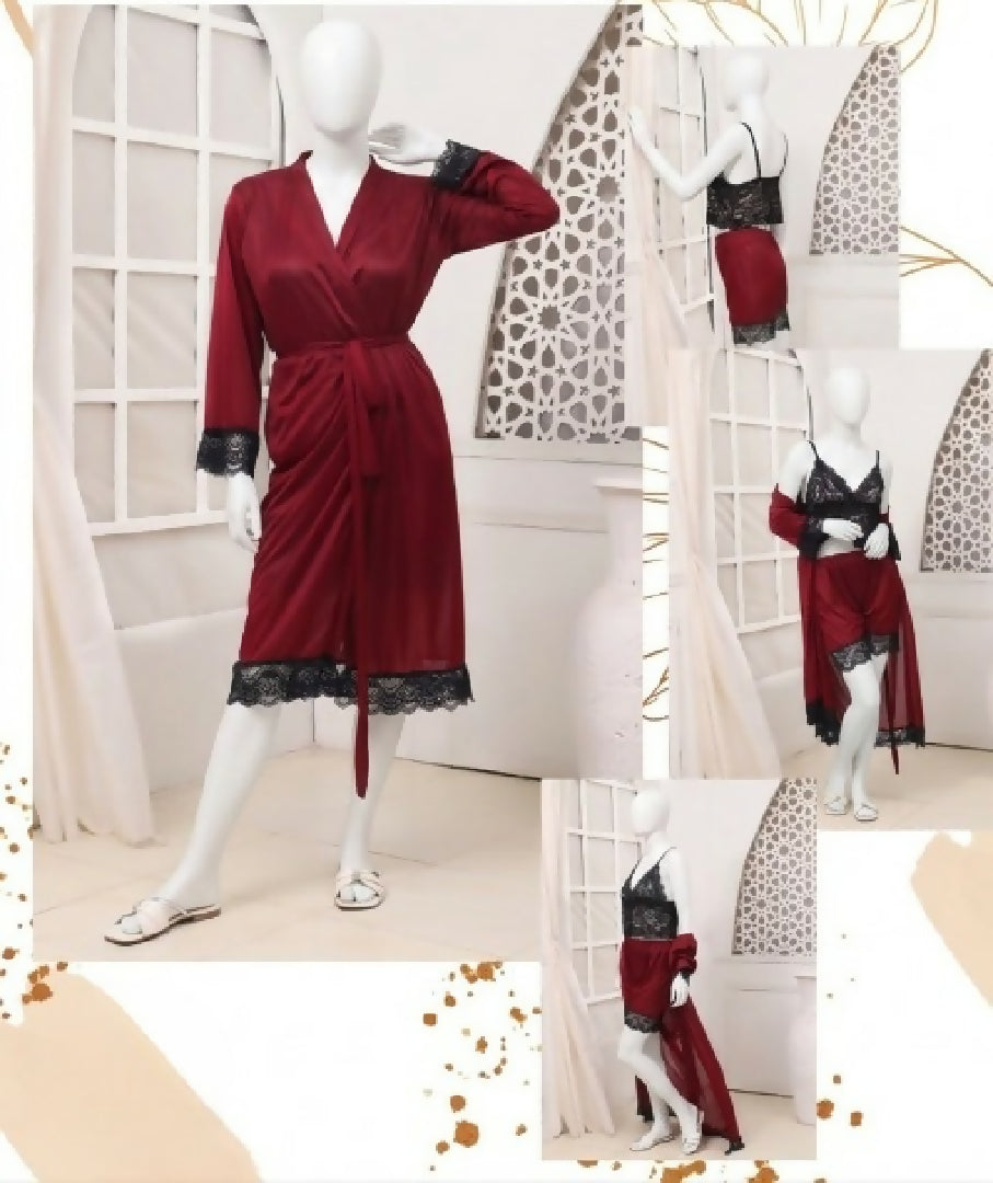 Womens Luxury Silk Nightwear Set with Black Lace 3 Piece Robe Slip Dress SKU R-011 Free Size