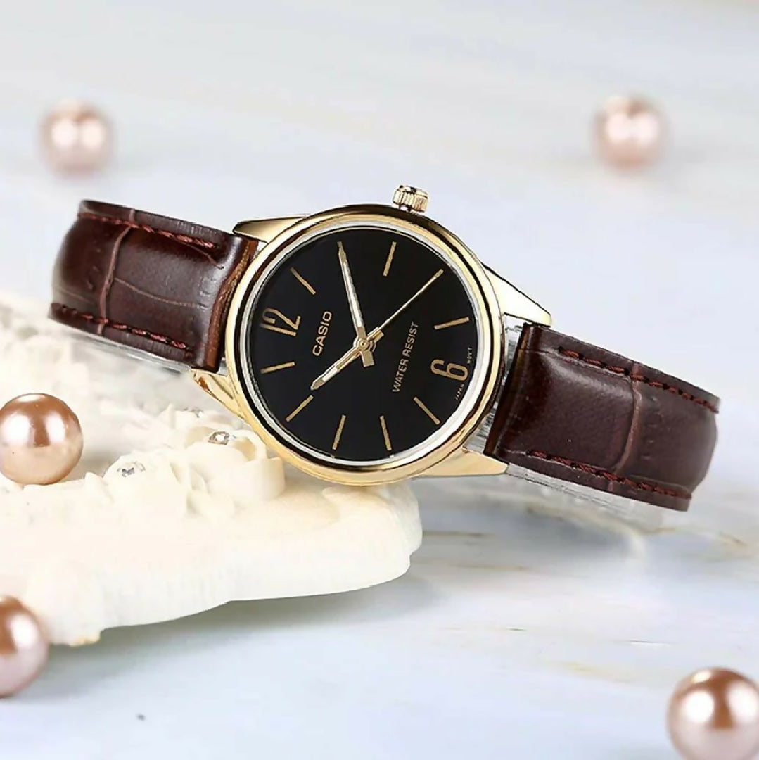 Casio Women Watch Golden Bezel Black Dial with Dark Brown Leather Strap Elegant Analog Ladies Wrist Watch Classic Daily Wear