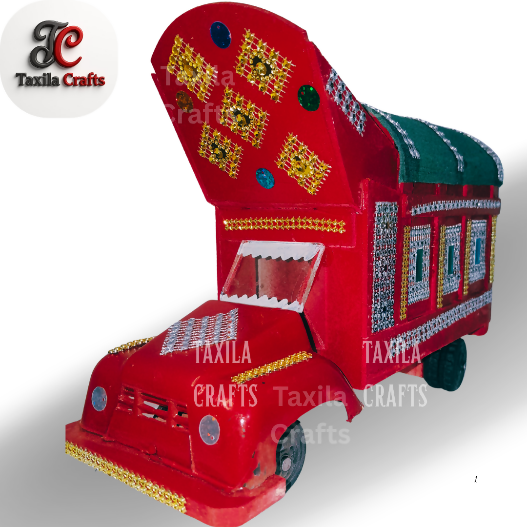 Handmade Red Mini Truck Art Decorative Showpiece Wooden Hardboard Model 11 Inch