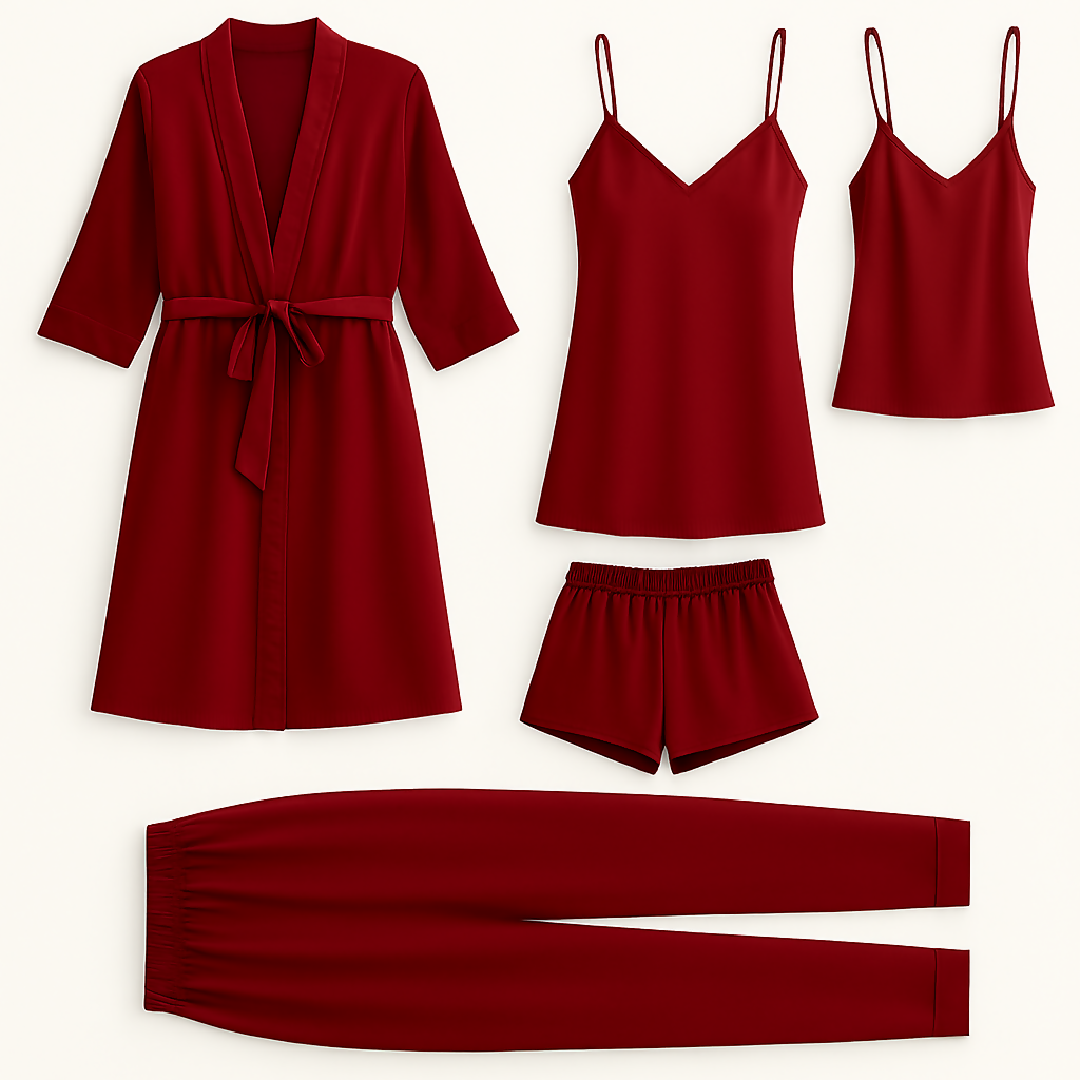 5-Piece Satin Sleepwear Set - Robe Camisole Shorts Pants and Slip Dress - Free Size