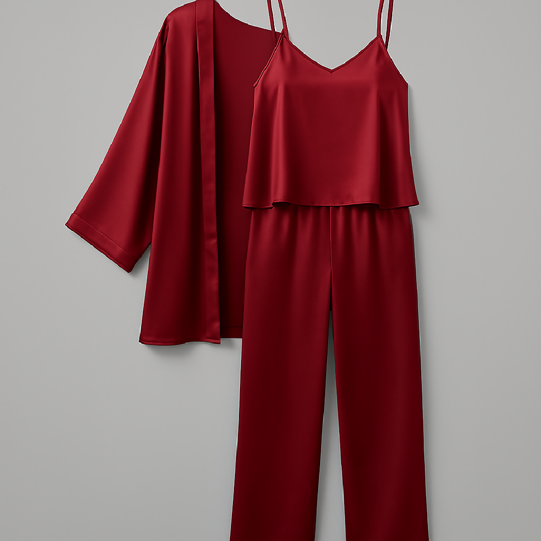 3-Piece Premium Satin Sleepwear Set for Women - Camisole Pants and Robe - Free Size