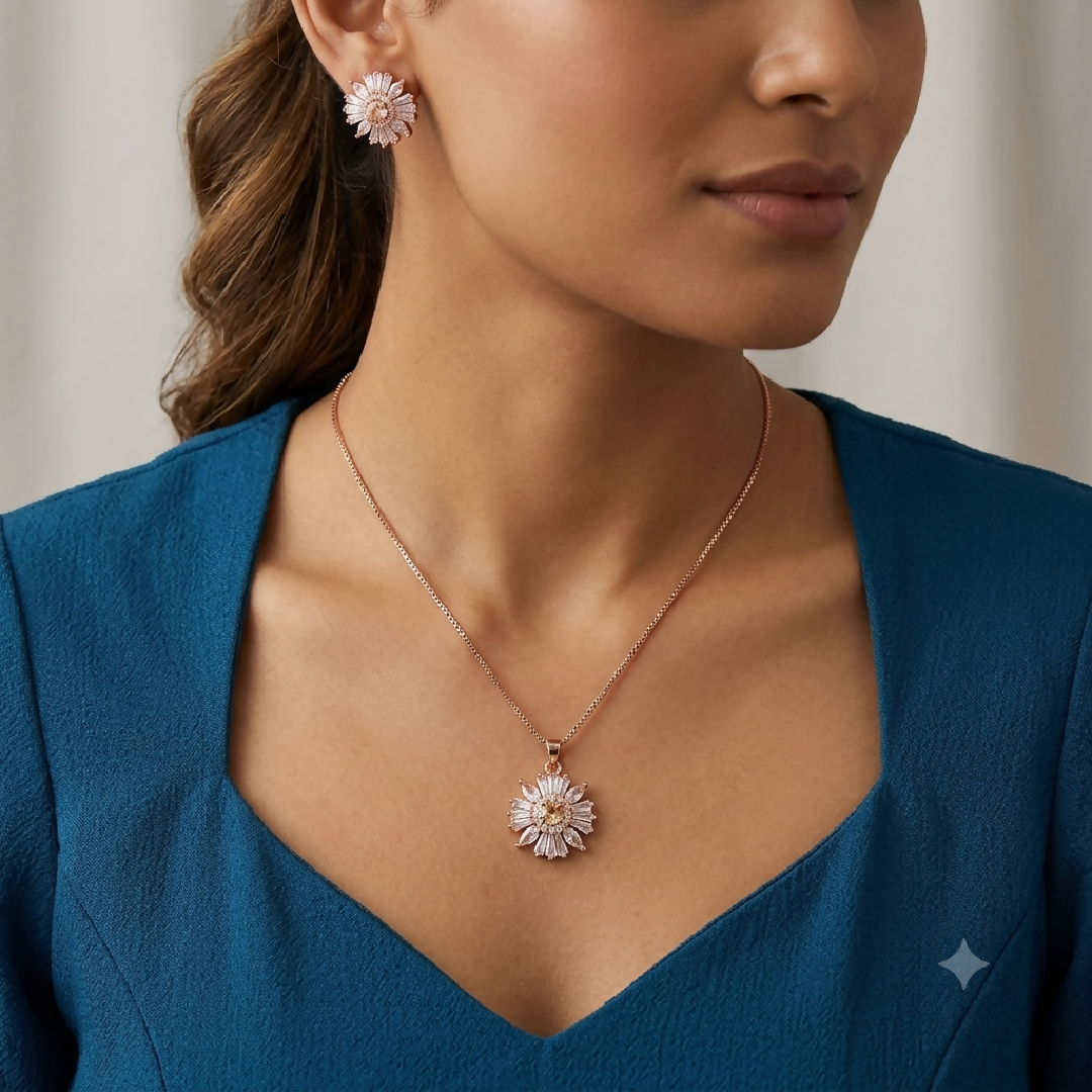 Zircon Golden Sunburst Pendant and Earrings Set