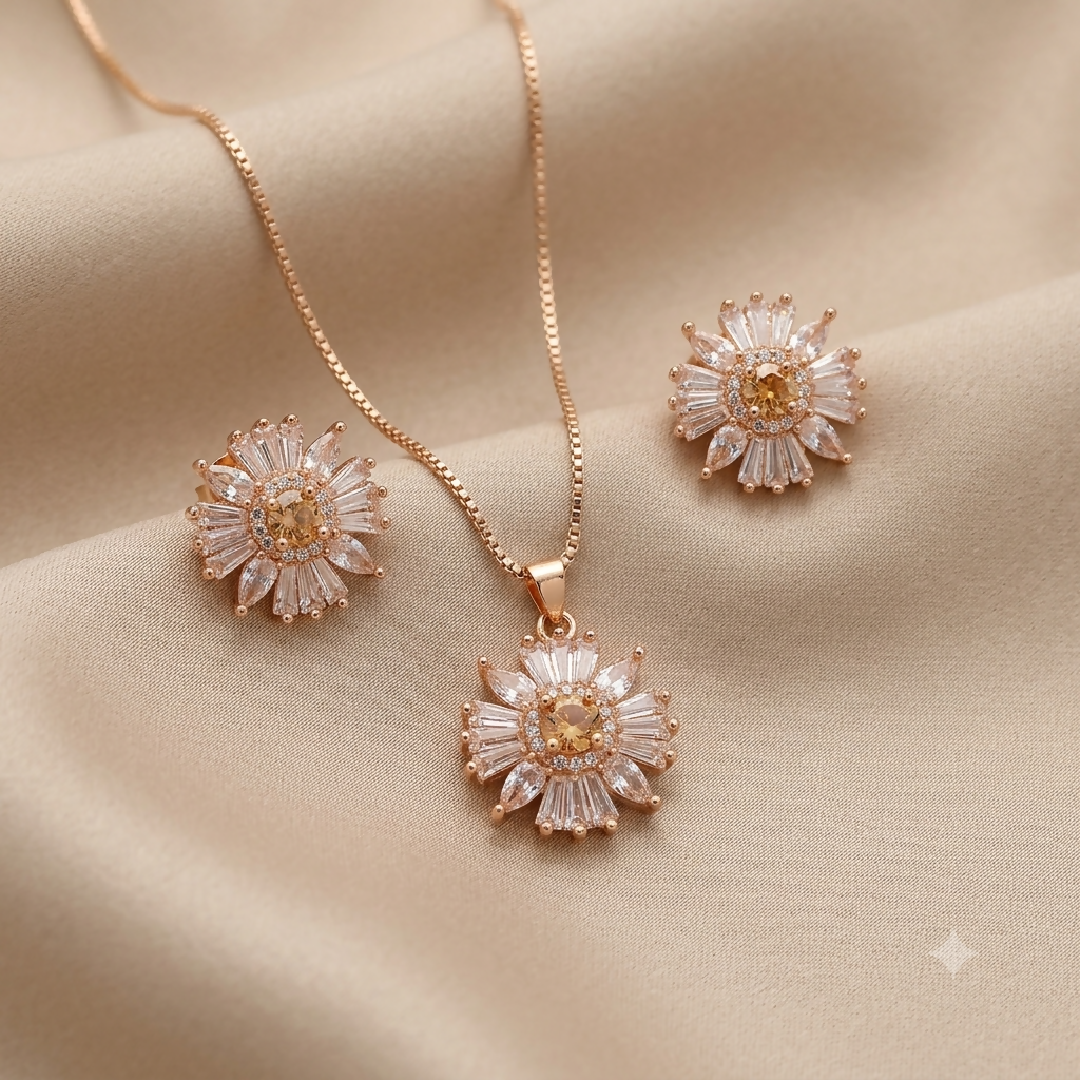 Zircon Golden Sunburst Pendant and Earrings Set