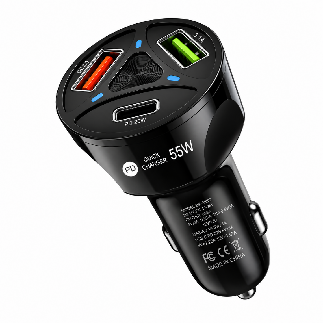 55W PD Fast Car Charger 3 Port USB Type C PD Car Mobile Charger Universal Quick Charge Adapter for Android And iPhone