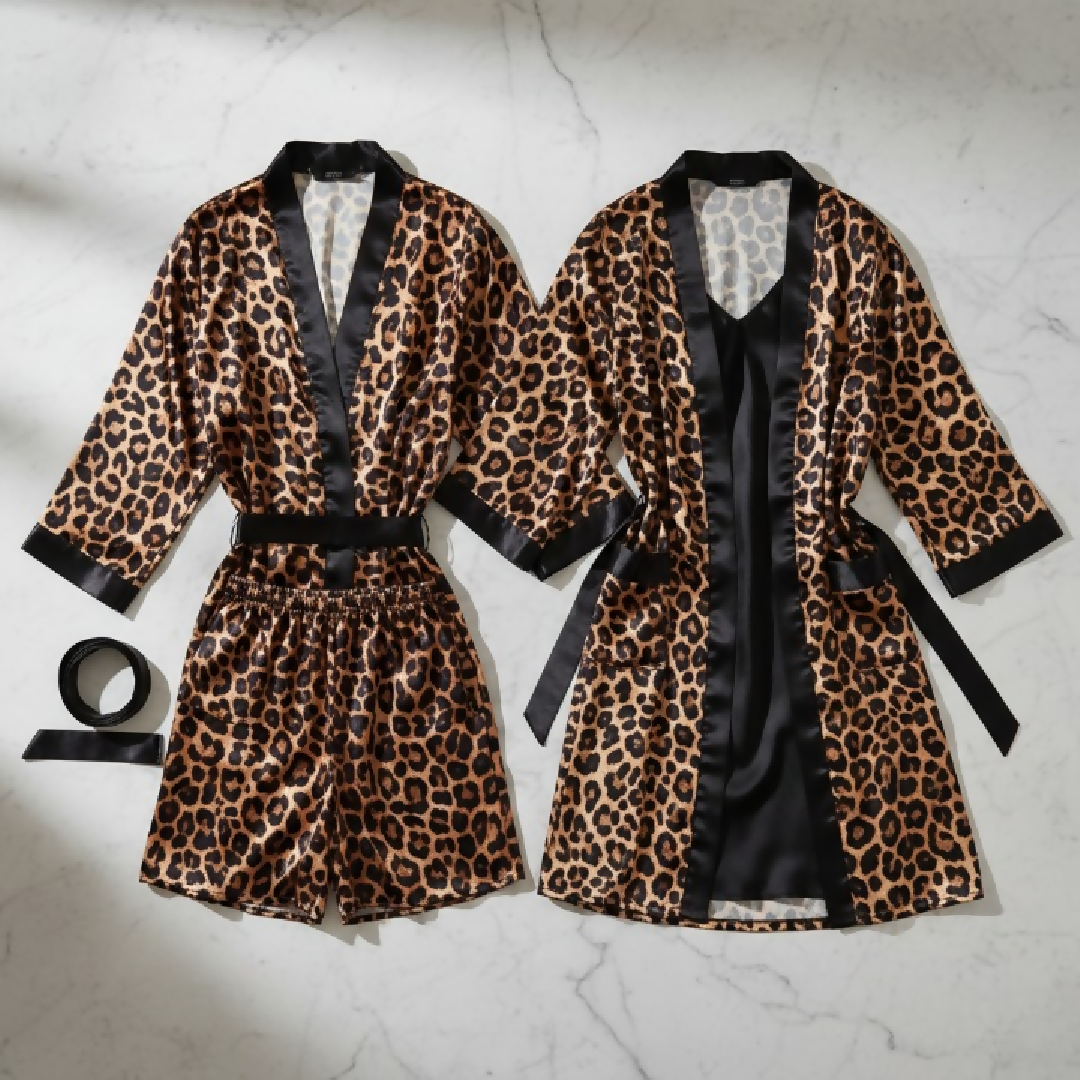 Couple Leopard Print and Black Satin Sleepwear Set - 4 Pcs Robe and Nightdress Set - DC-1021
