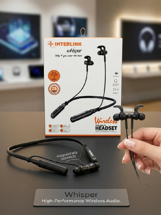 Interlink Whisper Wireless Bluetooth Neckband Earphones 25 Hours Non Stop Playtime Magnetic Earbuds Bluetooth v5 Stereo Headset