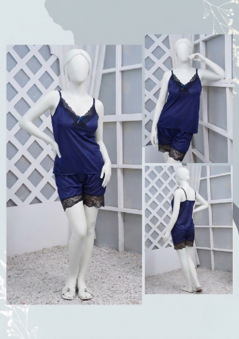Womens Silk Nightwear Set with Black Lace 2 Piece Cami Top Shorts Sleepwear Free Size