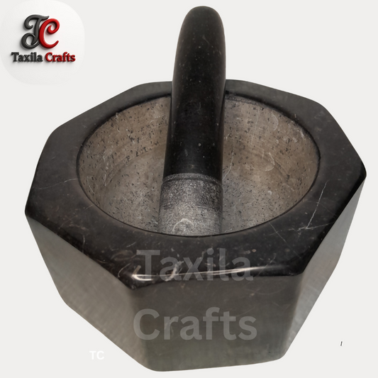 Taxila Crafts 8 Inch Crystal Shape Taxila Hills Black Stone Mortar and Pestle Set with 8 Inch Pestle