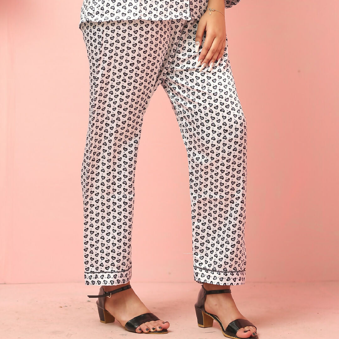 Grey Heart Print Night Suit – Womens Soft and Stylish Two-Piece Loungewear Set