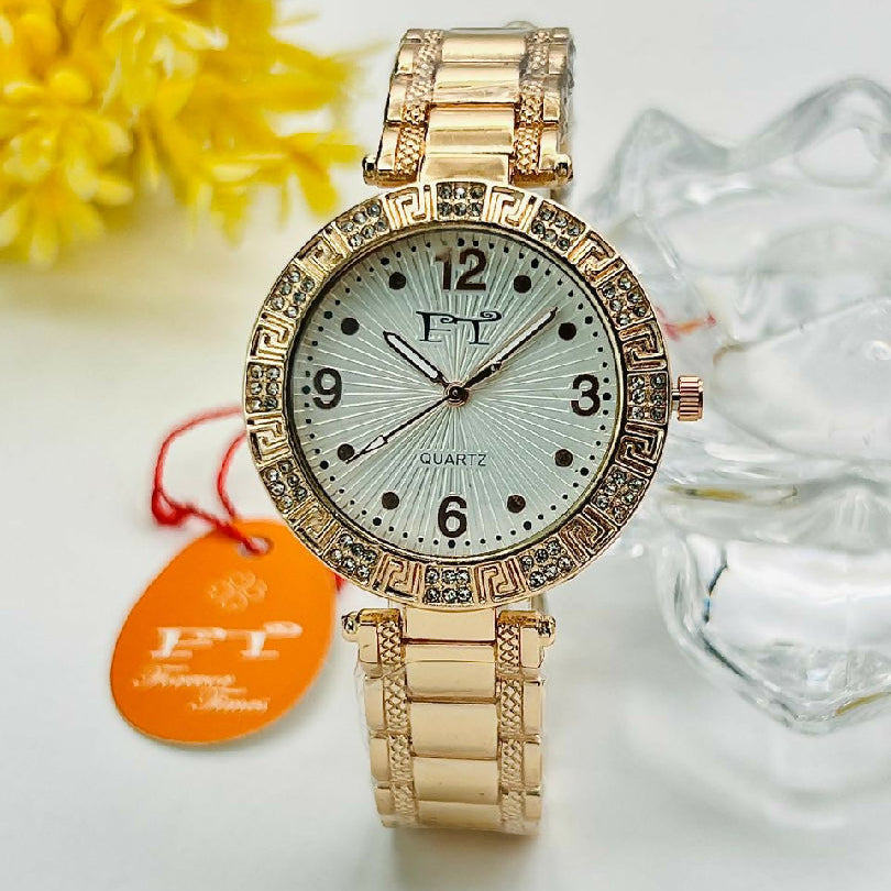 Ladies Luxury Metallic Link Strap Watch Water Resistant Stone Studded Timepiece