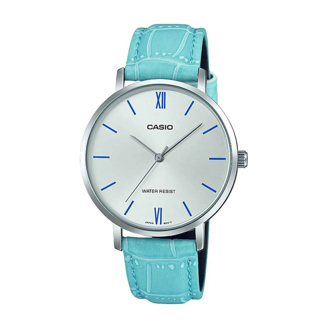 Casio Women Watch White Dial with Sky Blue Leather Strap Elegant Analog Ladies Wrist Watch Classic Daily Wear