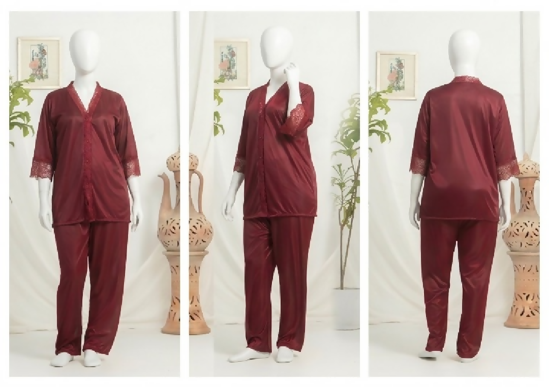 Womens Luxury Silk Satin Pajama Set with Elegant Lace Trim SKU R-010 Free Size