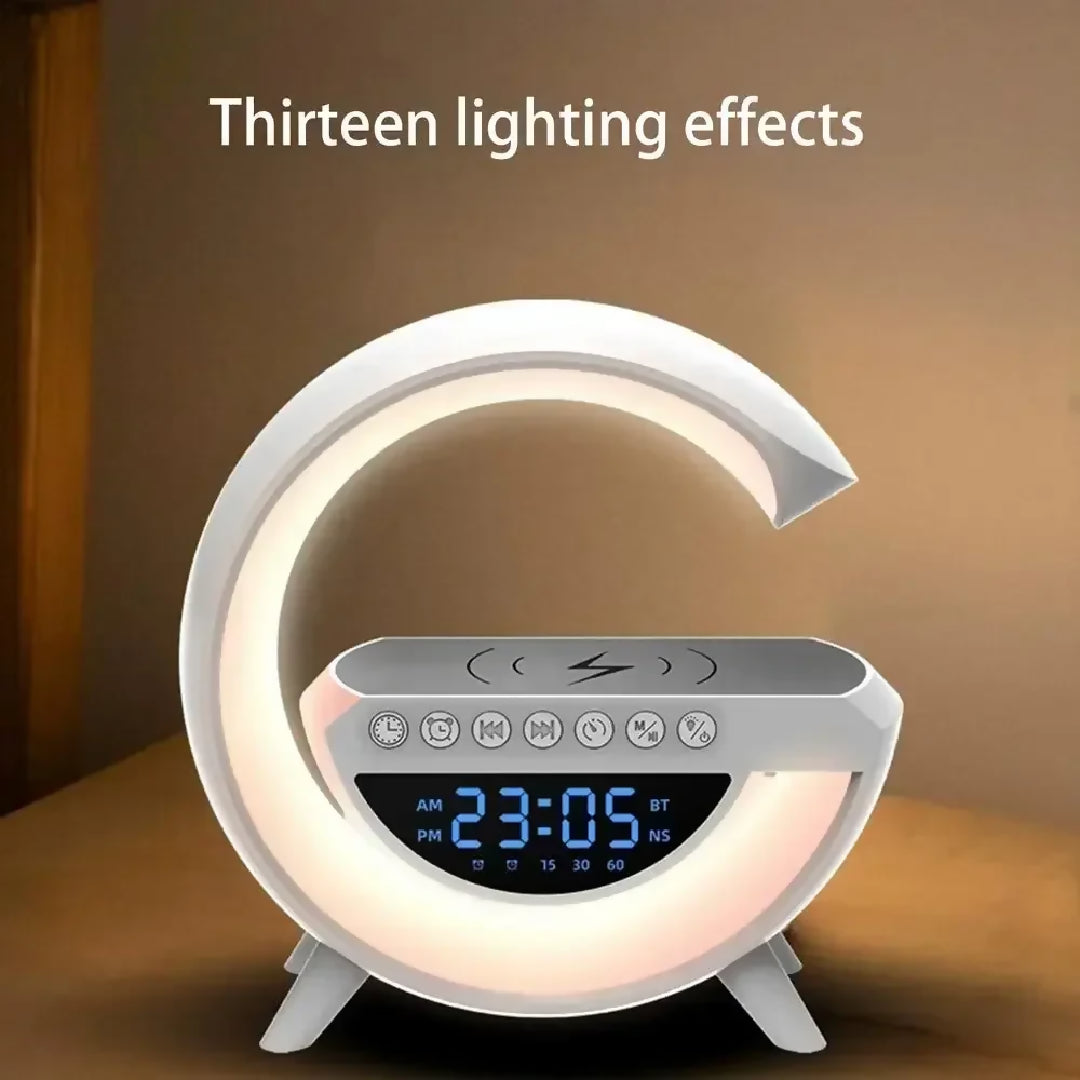BT-3401 Multi-functional LED Clock Display Speaker G Lamp - LED Wireless Charging Speaker - G-shaped Speaker Light - Bluetooth Mp3 Player - Night Light and Alarm Clock - For Living Room