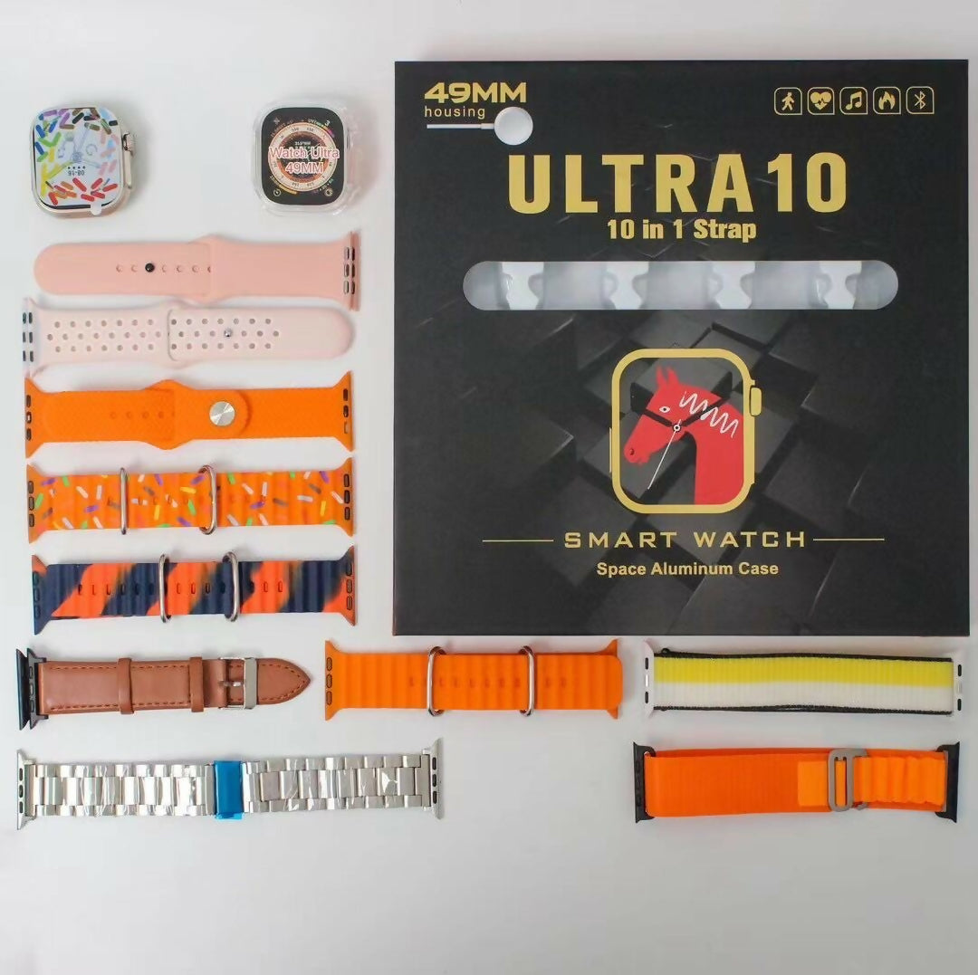 Ultra 10 Smart Watch 10 in 1 Straps Jelly Case BT Calling Super HD Display 49mm Multi color straps wireless charging Random color