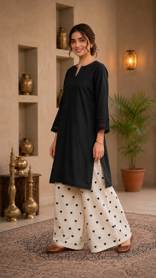 Womens Stitched 2 Piece Lawn Cotton Suit Ready to Wear Black Shirt Printed Wide Leg Trouser Casual Party Wear Pakistani Ladies Suit