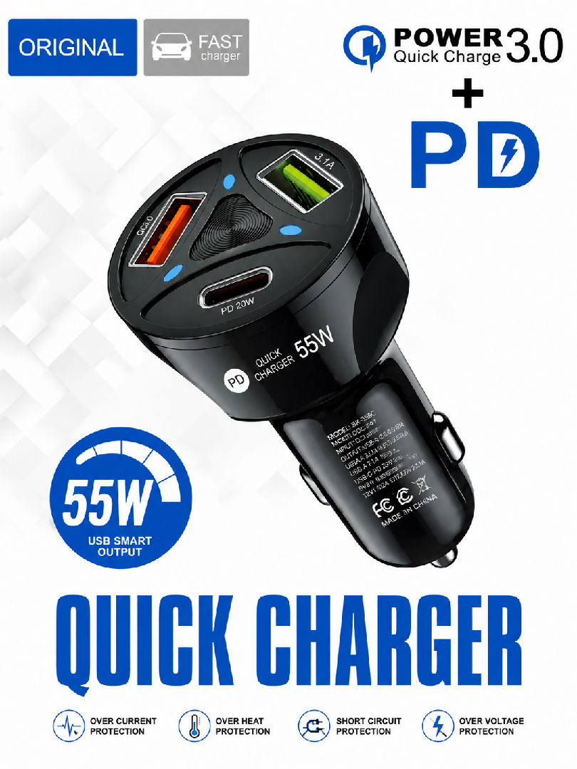 55W PD Fast Car Charger 3 Port USB Type C PD Car Mobile Charger Universal Quick Charge Adapter for Android And iPhone