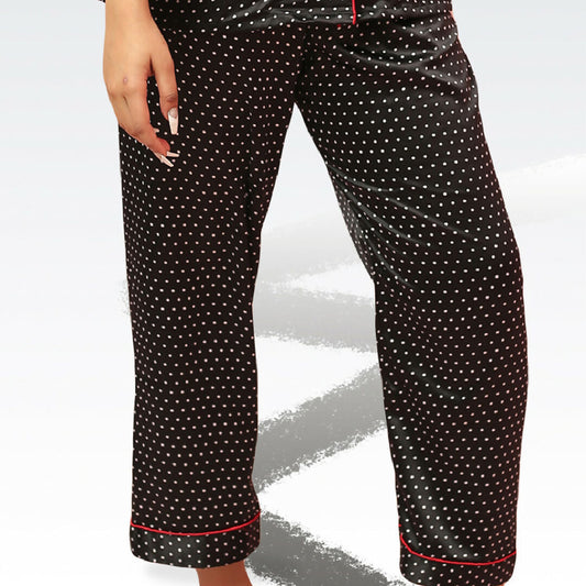 Black Polka Dot Satin Night Suit with Red Piping – Elegant Two Piece Sleepwear Set