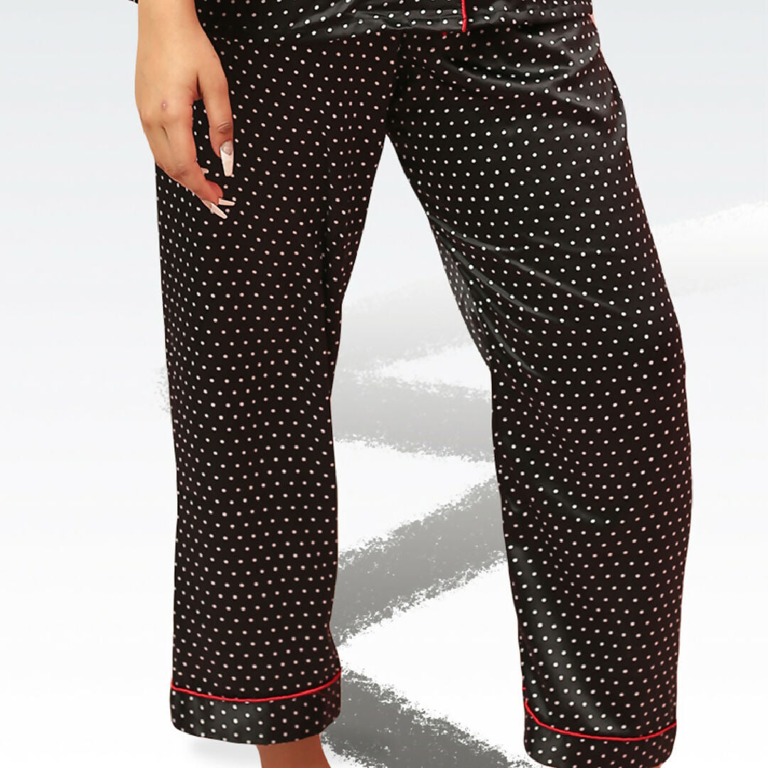 Black Polka Dot Satin Night Suit with Red Piping – Elegant Two Piece Sleepwear Set