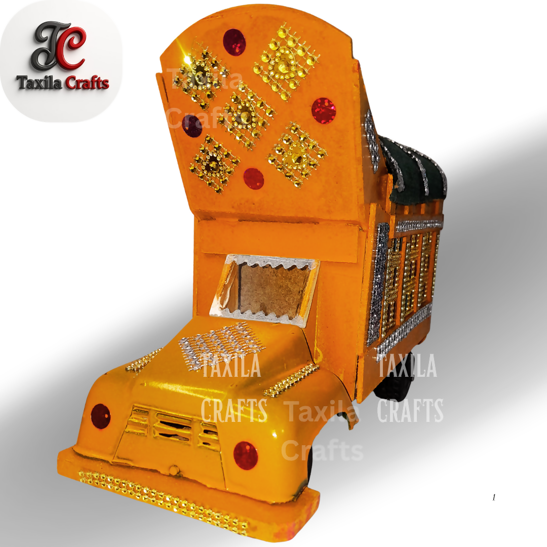 Handmade Yellow Mini Truck Art Decorative Showpiece Wooden and Hardboard Model 11 Inch