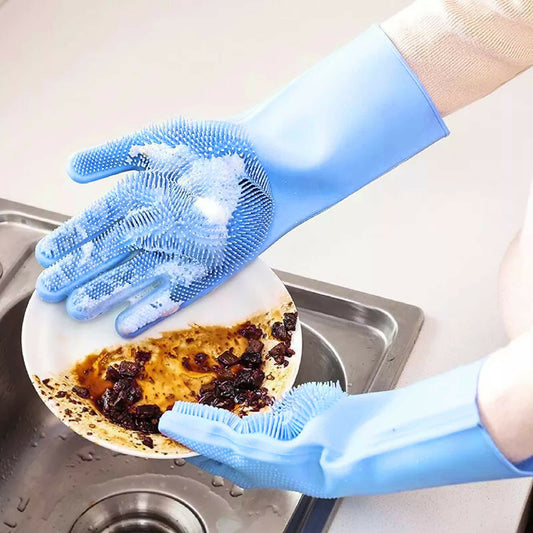 Silicone Washing Gloves Reusable Dishwashing Scrubber Gloves with Built-in Brush