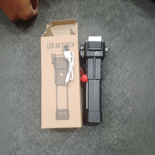 High-Power LED Torch Light - Rechargeable Flashlight with Tactical Hammer - Power Bank With Box Random Colors