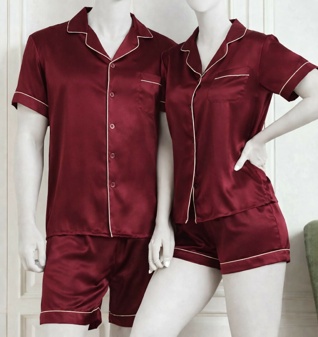 Couple Night Dress Silk Pajama Set - Short Sleeve Shirt and Shorts - 4 Pcs
