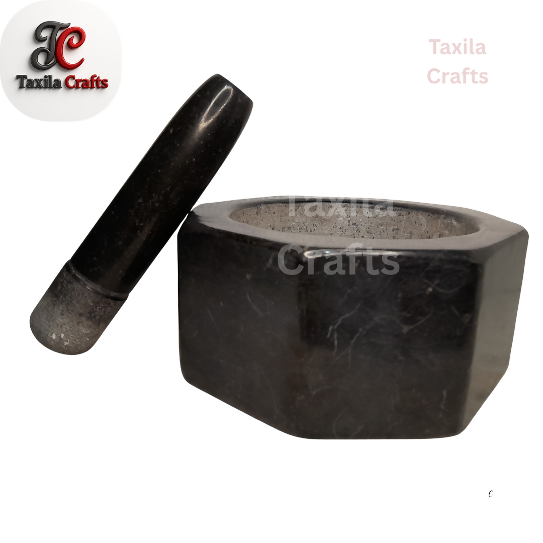 Taxila Crafts 8 Inch Crystal Shape Taxila Hills Black Stone Mortar and Pestle Set with 8 Inch Pestle