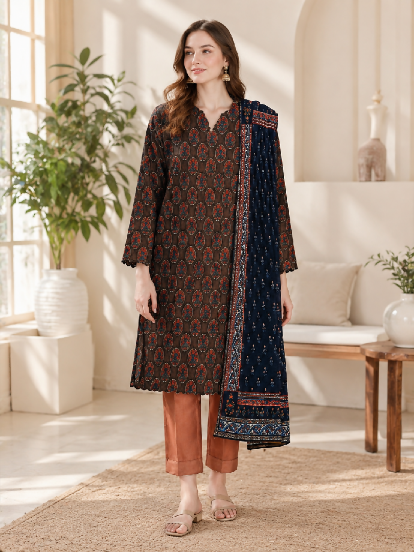 Unstitch 3 Piece Lawn Suit – Premium Printed Summer Collection Top Bottom and Voil Dupatta