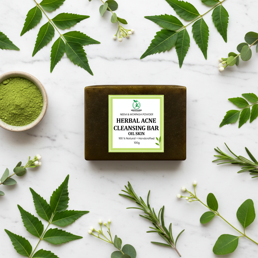 Flat lay with neem leaves and moringa powder
