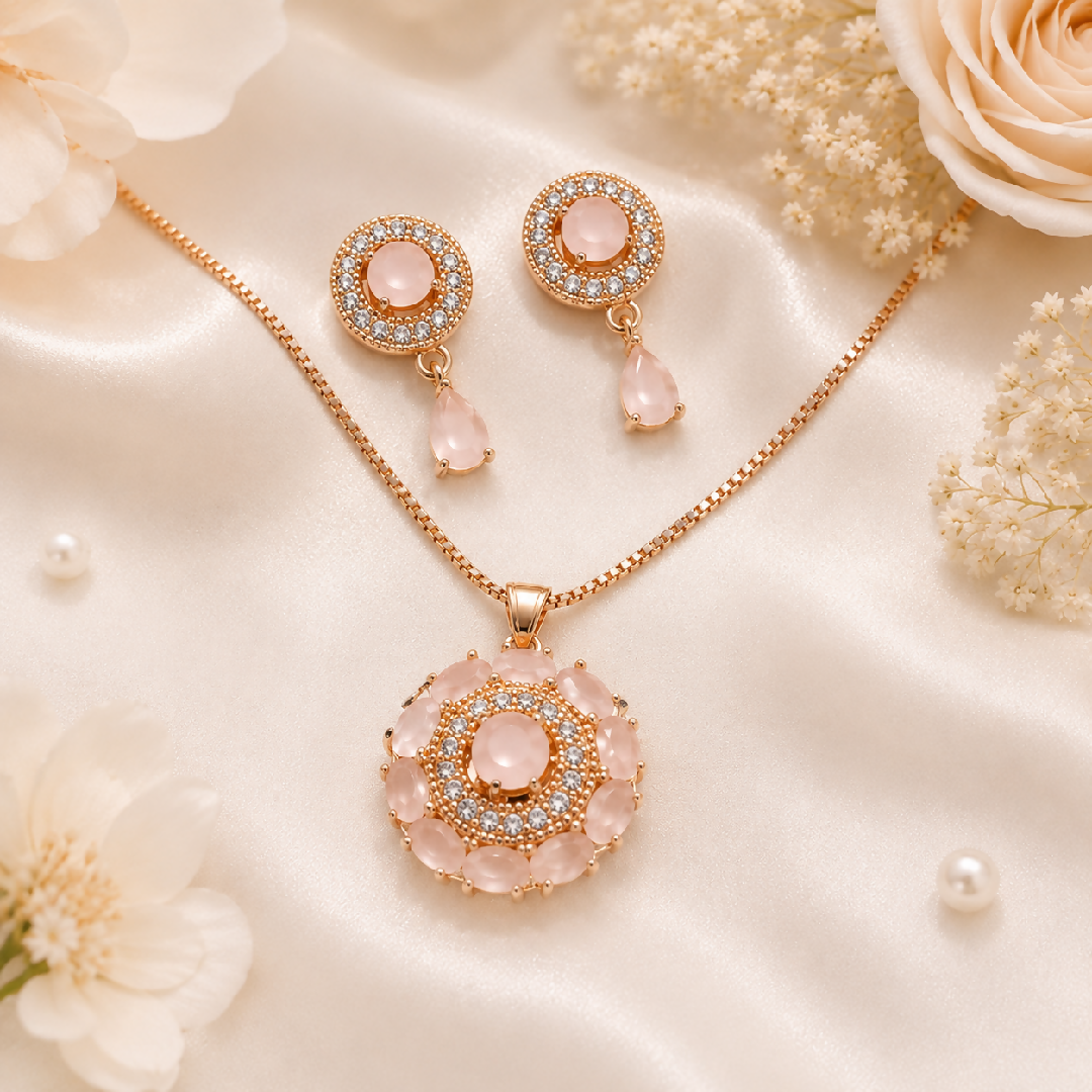 Elegant Pink Crystal Jewelry Set for Women Necklace Earrings Set