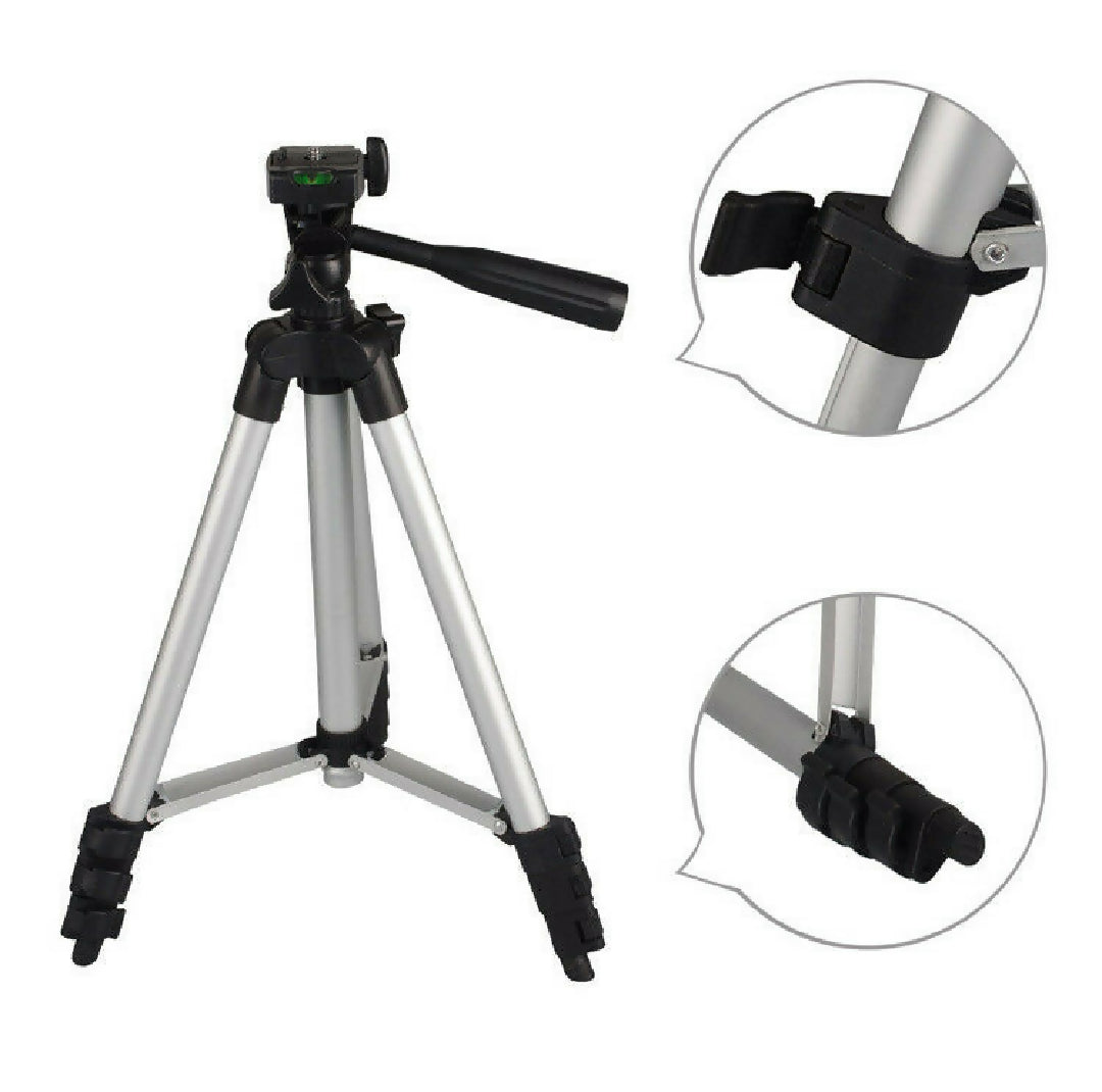 Adjustable Tripod Stand for Mobile Phones and Cameras with Mobile Holder Portable DSLR Stand for Vlogging Universal Silver Model 3110 and Bag