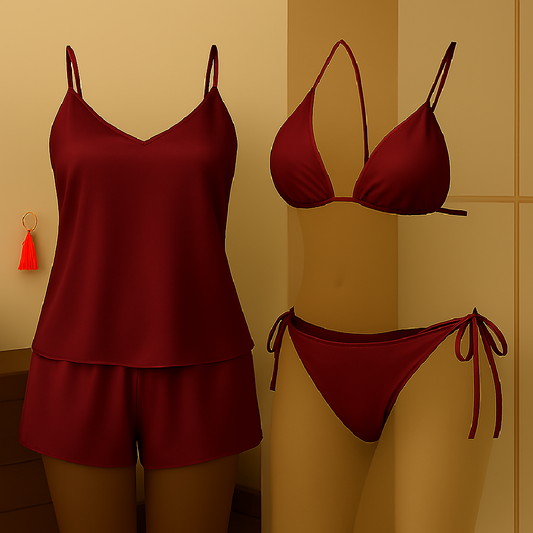 Premium Satin Sleepwear and Lingerie Combo for Women - Camisole Shorts and Halter Bikini - Free Size