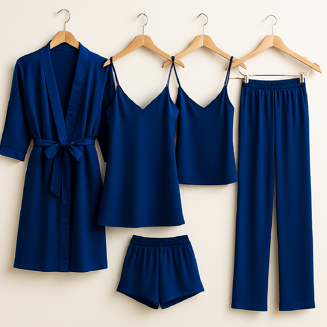 5-Piece Satin Sleepwear Set - Robe Camisole Shorts Pants and Slip Dress - Free Size