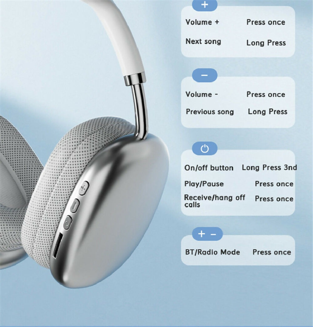 P9 Wireless Bluetooth Headphones Fidelity Stereo Sound with Foldable Design Soft Cushion Comfort and Multi Mode Playback Mix Color