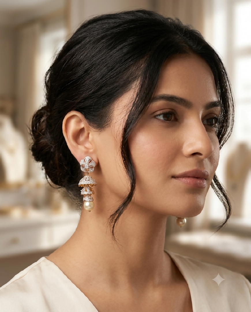 Zircon Floral Jhumka Earrings with Pearl Drops