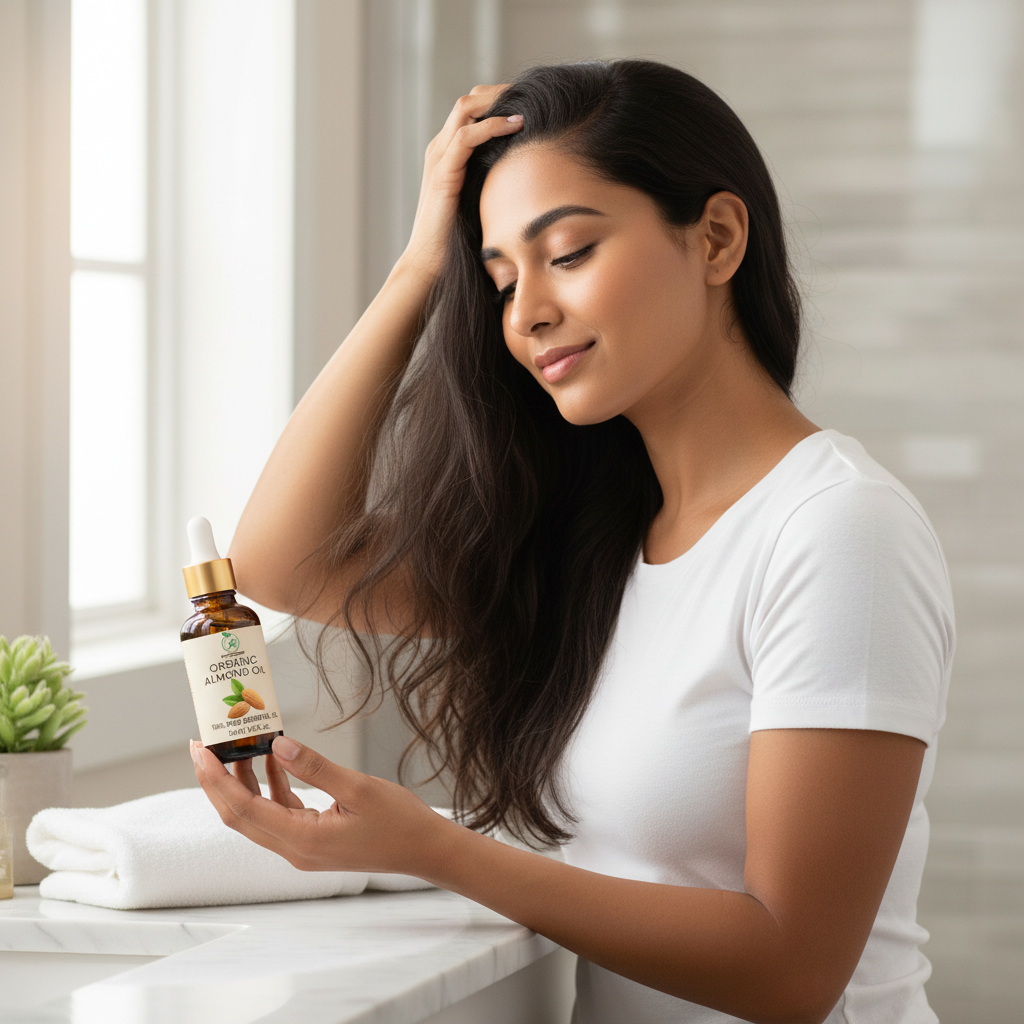 Girl applying almond oil to hair