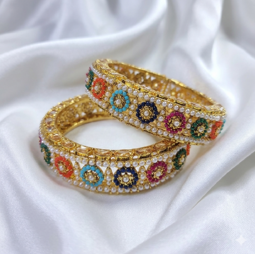 Royal Polki and Multi-Color Meenakari Kada Bangle Set – Pearl-Encrusted Gold-Plated Statement Jewelry