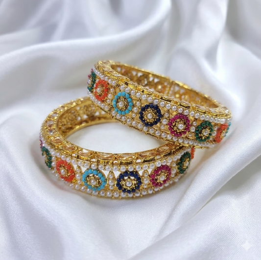 Royal Polki and Multi-Color Meenakari Kada Bangle Set – Pearl-Encrusted Gold-Plated Statement Jewelry