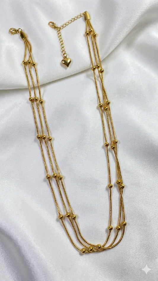 Triple-Layered Gold Beaded Snake Chain Necklace