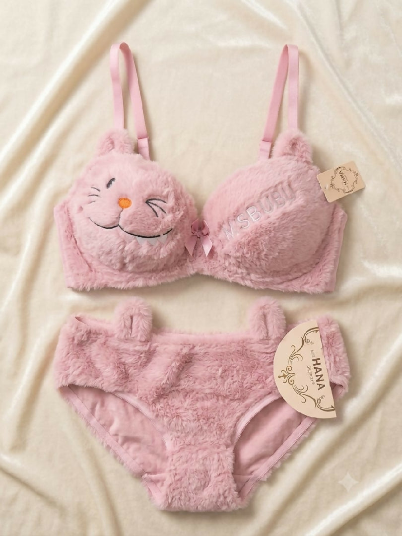 Copy of Cute Fur Style Double Padded Woolen Bikini Set Soft Pink Plush Bra Panty Lingerie Set