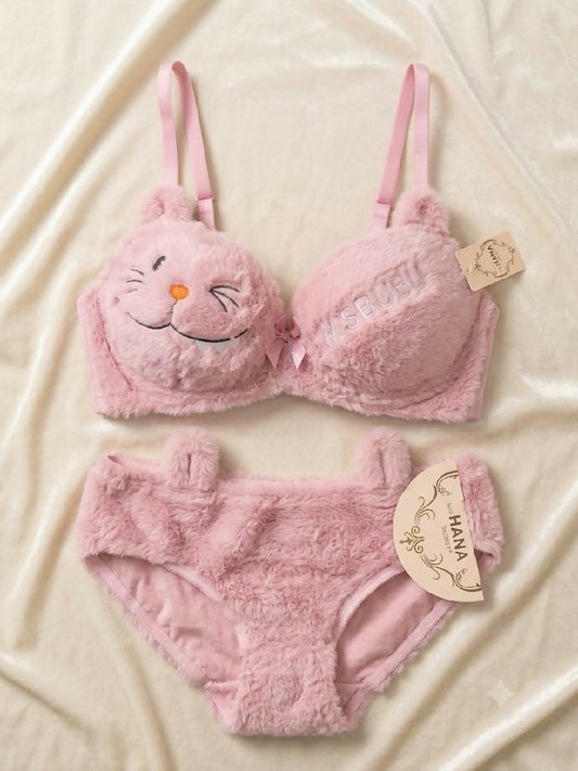 Copy of Cute Fur Style Double Padded Woolen Bikini Set Soft Pink Plush Bra Panty Lingerie Set