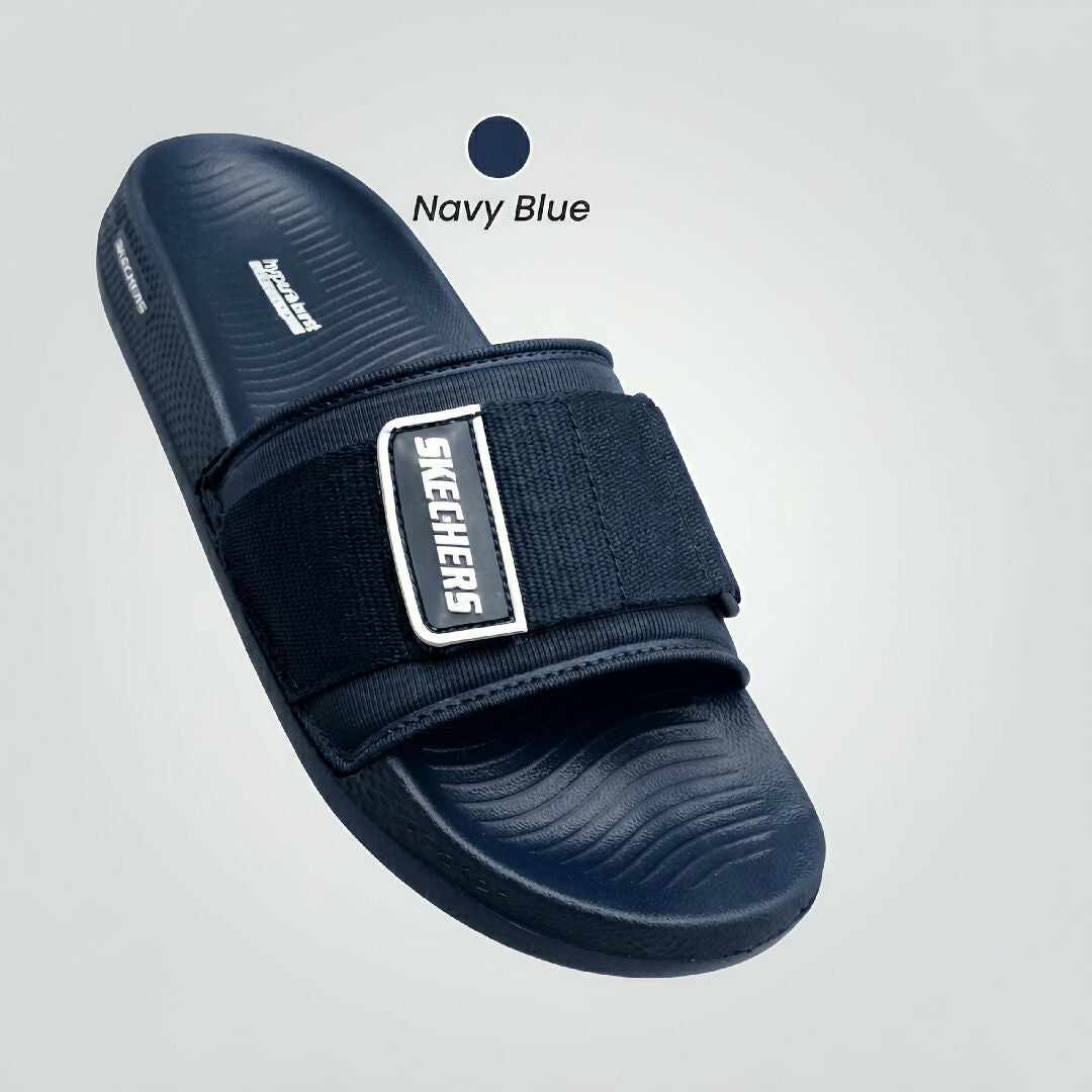 Skechers Hyper Burst Men Slides Premium Lightweight Comfort Slippers with Adjustable Strap and Soft Cushioned Sole in Black and Navy Blue