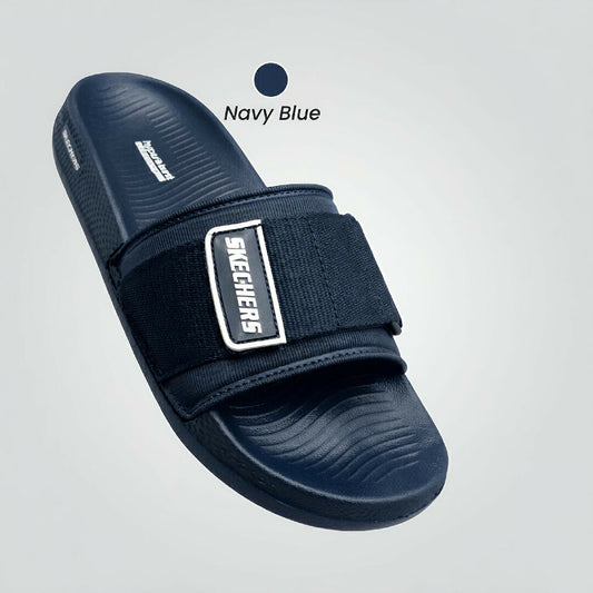 Skechers Hyper Burst Men Slides Premium Lightweight Comfort Slippers with Adjustable Strap and Soft Cushioned Sole in Black and Navy Blue