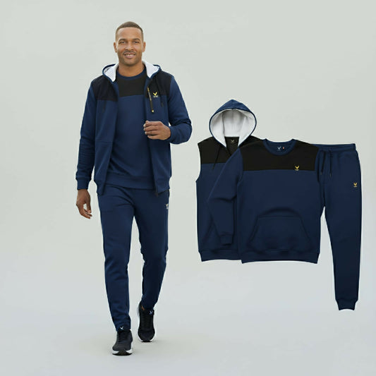 Men 3 Piece Micro Fleece Tracksuit with Half Sleeve Hooded Jacket