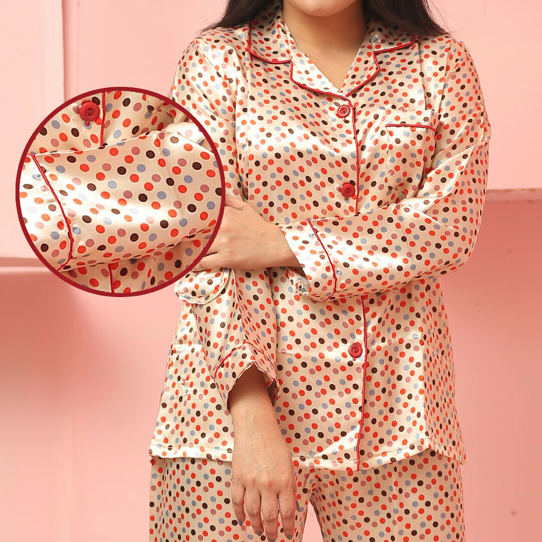 Champagne Blush Polka Dot Satin Night Suit – Elegant Two-Piece Pajama Set for Women
