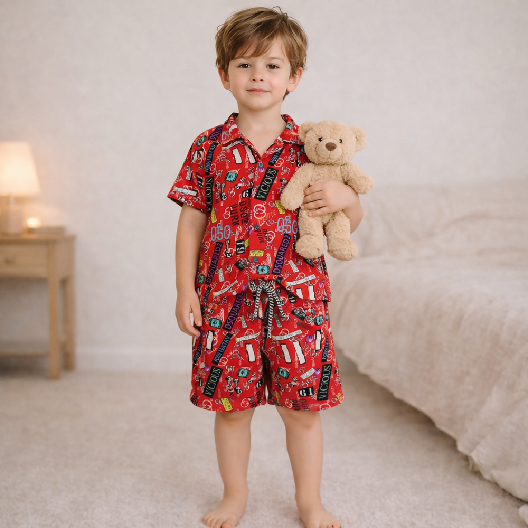 Kids Printed Linen Short Pajama Set